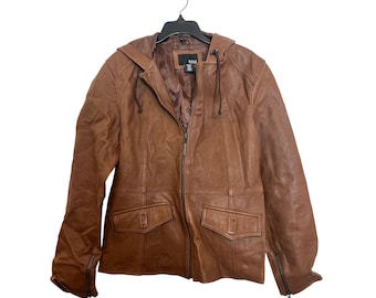 Vintage Womens Brown Leather Jacket With Hood & Zipper Front Closure Size S Genuine Leather Shell Fully Lined Stylish and Functional Design