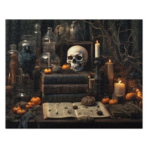 Halloween Jigsaw puzzle creepy scary skeleton spells candles books picture wall art game