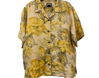Tommy Bahama Yellow Floral Silk Button-Down Hawaiian Shirt Size L