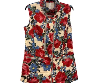 vintage Floral Print Sleeveless Mural Jacket With Zipper Details & High Collar Medium