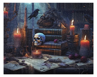 May include: A dark, mysterious scene with a skull, candles, and books. The skull is white and sits on top of a stack of old, leather-bound books. There are several candles lit, casting a warm glow on the scene. The background is dark and shadowy, adding to the eerie atmosphere.