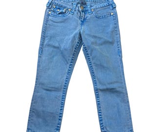 Vintage Y2K True Religion Womens 28 Light Wash Denim Jeans Made In USA With Flap Button Pockets