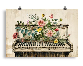 Póster de piano floral, decoración rústica shabby chic para el hogar