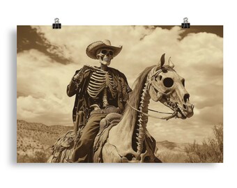 Vaquero Halloween cartel impresión esqueleto caballo espeluznante pared arte horror gótico hogar decoración espeluznante antiguo occidental