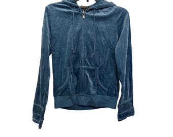 vintage BCBG Max Azria Blue Velvet Hoodie Jacket Lace Sleeves Womens Size M