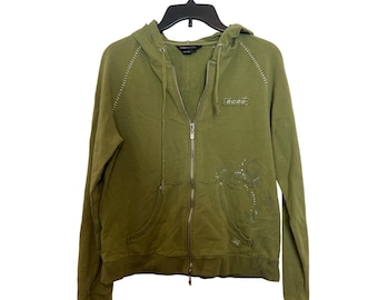 Vintage Y2K BCBG Max Azria Green Hoodie XL Cotton Blend Rhinestone Embellishments Zippered Front Casual Wear Womens