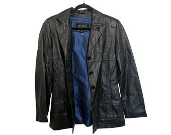 Vintage Wilsons Leather Womens Black Blazer Jacket Medium 100% Leather Outer With Button Closure