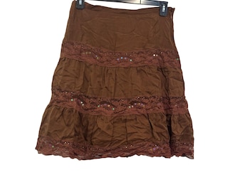 Y2K Brown Tiered Skirt M With Lace & Sequins Accents Boho