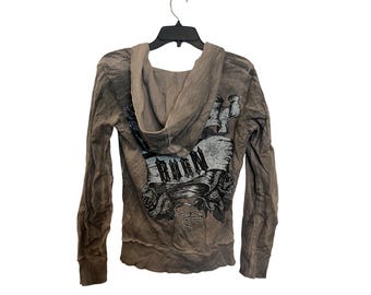 Vintage Y2K Crash & Burn Womens Small Supima Cotton Hoodie Brown Zip-Up With Embellished Floral  Graphic Details