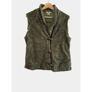 May include: A green fuzzy vest with a shawl collar and a button closure. The vest has a  "Lands' End" label.