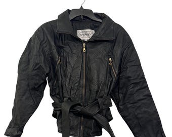 Vintage Winlit Black Genuine Leather Belted Jacket Medium Zip-Up Vintage Style