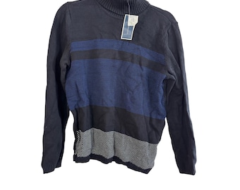 Maglione dolcevita vintage da donna Karen Scott, taglia M, in misto cotone a righe nere e blu