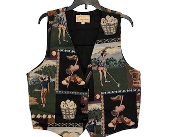 Vintage Conterio golftema gobelängväst med mellanstora flerfärgade knappar framtill