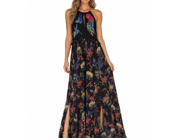 vintage Guess Birds Of Paradise Embroidered Floral Halter Maxi Dress Black S New