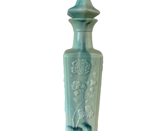 Vintage Aqua Glass Liquor Bottle With Raised Floral Design & Lid 13" Tall