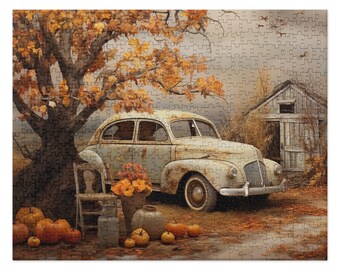 Fall Thanksgiving Jigsaw puzzle harvest pumpkins games vintage car home decor holiday gift