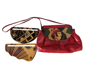 Moon Bags Hand-Painted Art Deco Red Shoulder Bag W/ 3 Interchangeable Flap Designs