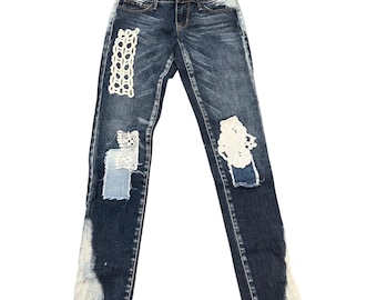 Free People Artisan De Luxe Patchwork Distressed Denim Jeans Size 24