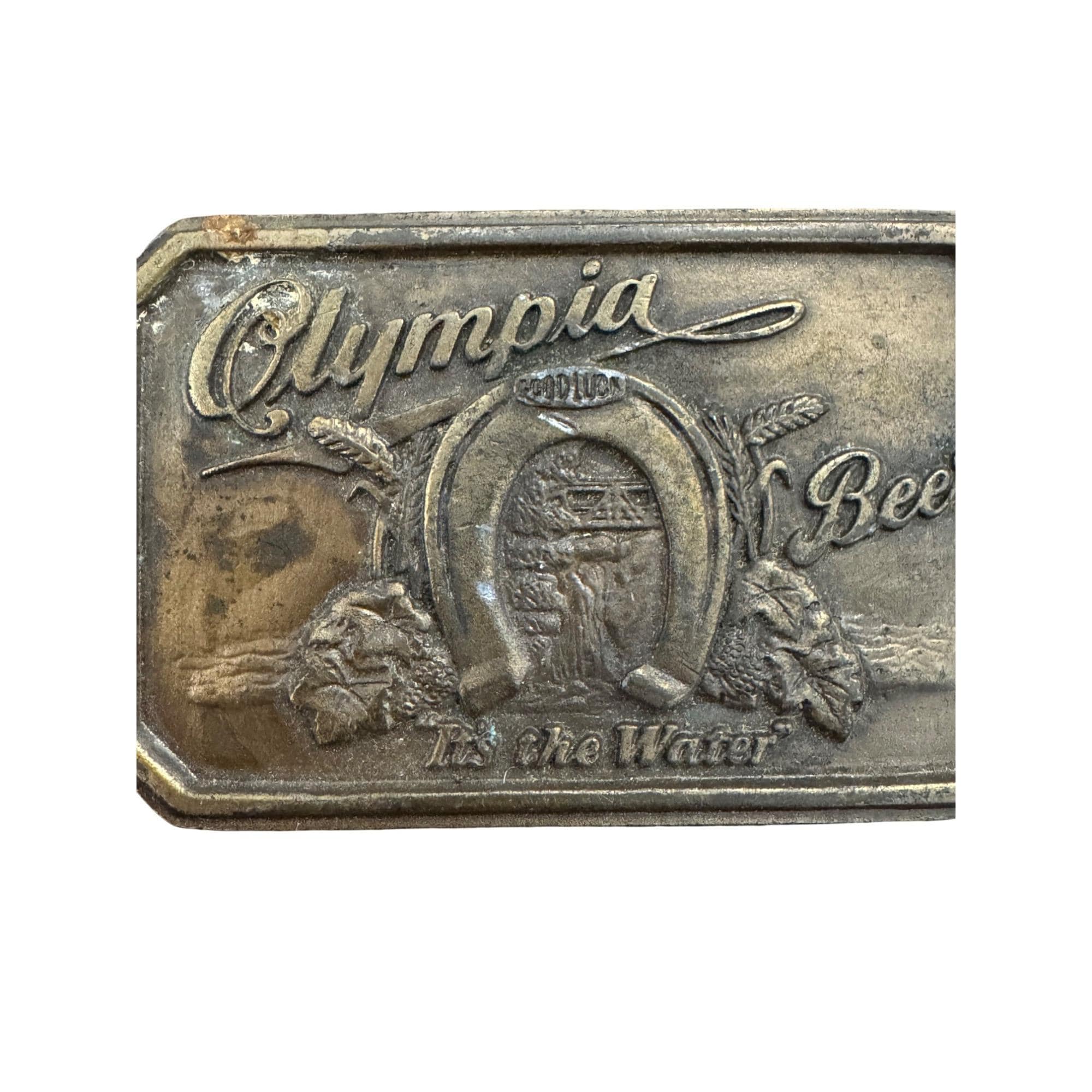 Olympia Beer ヴィンテージ ベルト バックル Vintage Olympia Beer Brass Belt Buckle Rectangular Design Embossed