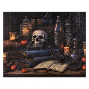 Halloween Jigsaw puzzle creepy scary skeleton spells books picture
