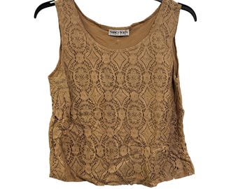vintage Nancy Bolen City Girl Vintage Beige Sleeveless Crochet Overlay Tank Top