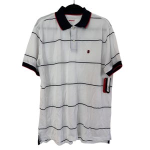 Vintage Y2K Izod Weißes Herren-Poloshirt mit schwarzen Streifen und rotem Zierteil Kurzarm