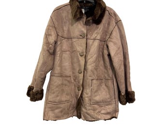 vintage Faux Shearling Taupe Coat With Fur Size Large Fu Da New York