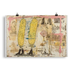 May include: A mixed media artwork featuring two yellow and black patterned cucumbers with legs and shoes, standing next to two nude figures with long hair. The background is a collage of various textures and patterns, including pink paint splatters and newspaper clippings.