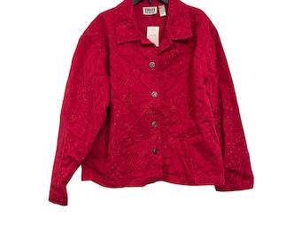 vintage Chicos Red Embroidered Button-Up Jacket Size 2 Womens 100% Cotton NWT