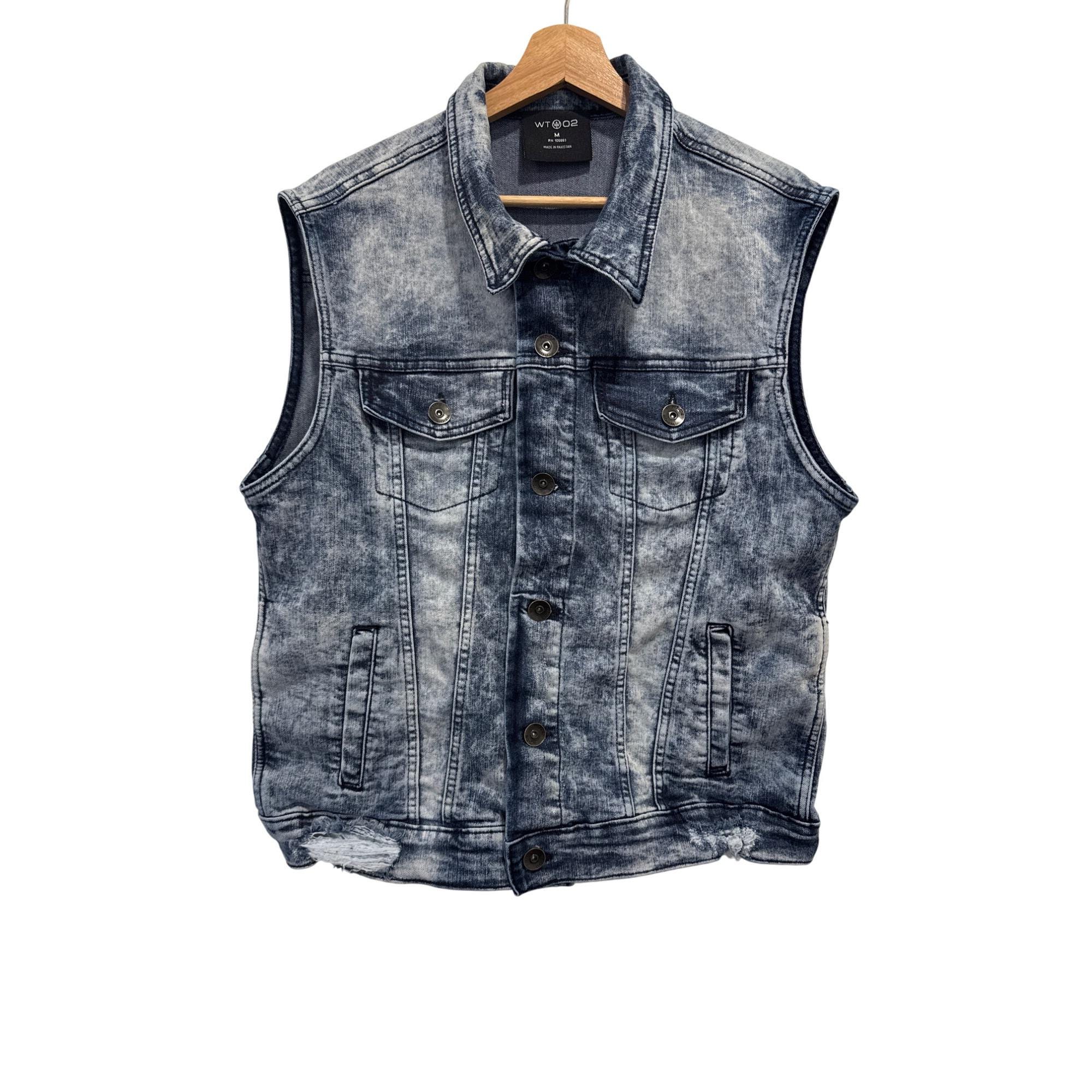 Y2K WT02 Denim Sleeveless Distressed Vest Jacket Acid Wash Medium