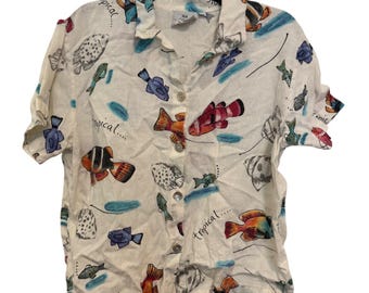 vintage Hot Cotton By Marc Ware Tropical Fish Linen Button-Down Shirt Womens M