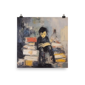 May include: A painting of a young person sitting on a stack of books and reading a book. The person is wearing a black shirt and has dark hair. The background is a light blue and gray.