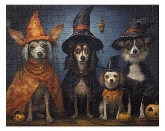 May include: Four dogs dressed in Halloween costumes. The dog on the left is wearing a witch's hat and orange cape. The dog in the middle is wearing a black witch's hat and cape. The dog on the right is wearing a black witch's hat and cape. The dog in the front is wearing a black top hat and a pumpkin around its neck.