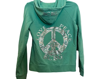 Vintage Y2K BCBG Max Azria Womens Medium Green Zip Hoodie Rhinestone Logo Cotton Blend