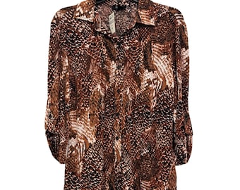 vintage Peck & Peck Womens Snake Print Button-Up Shirt Medium Brown