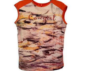 vintage Western Ethics Cowgirl Graphic Sleeveless Top XL Orange & Abstract