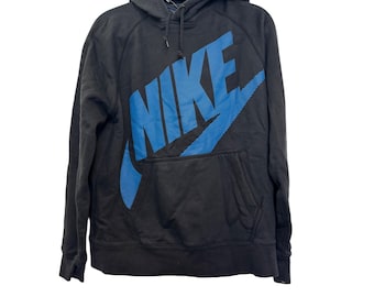 Vintage NWT Nike Hoodie Mens Large Black Blue Logo Pullover Sweatshirt Cotton Blend New