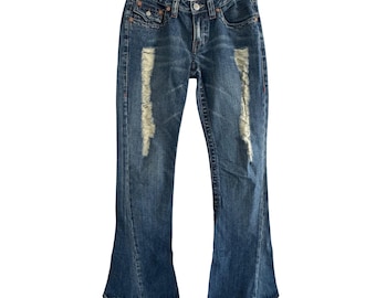 vintage True Religion Women’s Distressed Flare Jeans Size 28 Blue Denim Made In USA