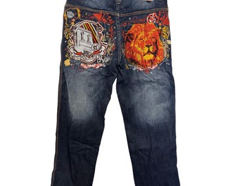 Pantalones vaqueros de mezclilla bordados Vintage 5ive Jungle para hombre, talla 34 de cintura, de algodón con diseño de león.