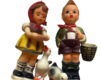Vintage Boy & Girl Figurines With Ducks Hand-Painted Ceramic Collectibles