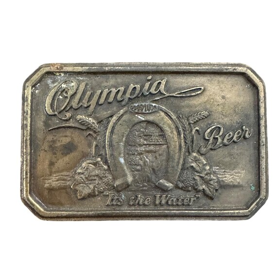 Olympia Beer ヴィンテージ ベルト バックル Vintage Olympia Beer Brass Belt Buckle Rectangular Design Embossed