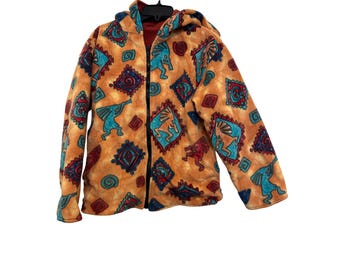 Chaqueta polar azteca vintage con capucha y estampado del suroeste