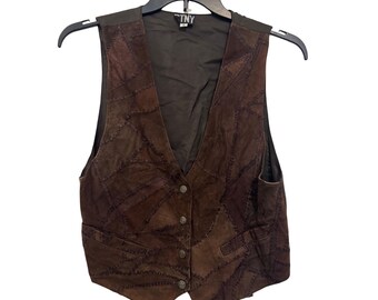 Vintage TNY Brown Patchwork Vest Womens Small  Boho Style 100% Real Leather