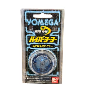 May include: A packaged Hyper Yo-Yo toy. The package is black and clear, with the brand name "YOMEGA" and "HYPER YO-YO" in white and yellow. The yo-yo is blue and clear, with a graphic design. The package also has Japanese text.