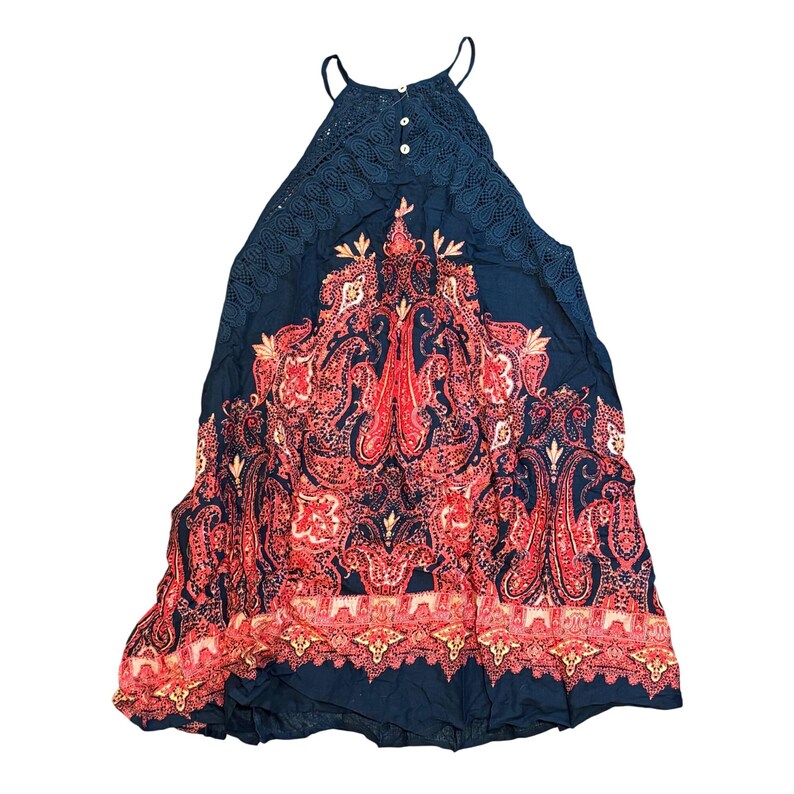 May include: A navy blue halter dress with a paisley pattern in red and peach. The dress features a lace detail at the top and thin spaghetti straps. The dress has a button closure at the neckline.