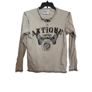 Xjos Long Sleeve Shirt Mens M Beige Graphic Vintage Style Casual Cotton Blend