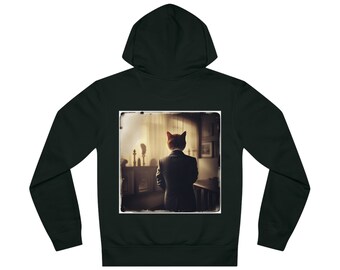 May include: A black hooded sweatshirt with a vintage-style photograph printed on the back. The photo shows a cat wearing a suit and standing in a room with a window.