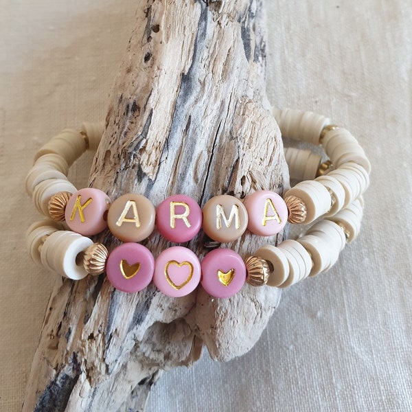 Bracelet heishi karma beige rose doré