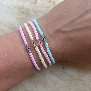 Evil eye bracelet |Protective eye bracelet – pastel seed beads – handmade jewelry – boho style| Amulet jewelry for good luck