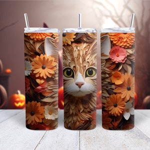 3D Cat with flowers Tumbler Wrap, 20 oz Skinny Tumbler Sublimation, Straight Tumbler Wrap, Instant Digital Download PNG, 300 DPI